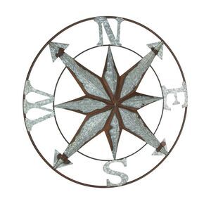 Distressed Galvanized Zinc Finish Compass Metal Wall Hanging 24 Inch Diameter